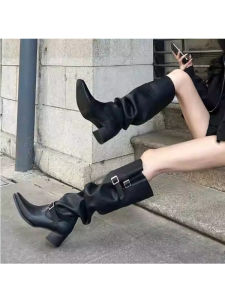 Knee High American Western Cowboy Boot Big Tube Circumference Pile Style Boots Increased Genuine Leather Retro Pointed Toe Knight Boots Female Chunky Heel Shoes