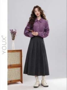 YOUXIANG | Chân Váy Dài Nếp Retro Phong Cách Học Đường
