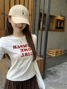 White Letter Print round Neck Long Sleeve Top Womens Autumn Design Sensibility Slimming Base Shirt Trendy Casual Cotton Blend