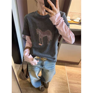XIANGBAIWEI | Pony Print Contrast Two-Piece Long Sleeve T-Shirt Top