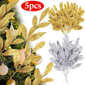 YESPERY 1/5Pcs Christmas Artificial Glitter Leaves Xmas Tree Wreath Garland Decoration Branch Happy New Year Christmas Ornaments
