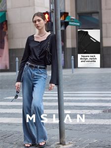 Slimming Knitwear Square Collar Tie Belted Thin Style Commute Casual Fashion Polyester Fiber Long Sleeve Short Length Womens Top