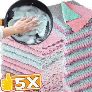 5pcs Super Absorbent Microfiber Cleaning Cloth / Hand Washing Cloth Kitchen Towel / Non-stick Oil Dish Towel Rags / Tableware Household Cleaning