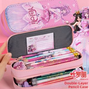 Large Capacity Double Layer Girls Pencil Case Kindergarten Students Cute Princess Cartoon Design PU Material School Supplies