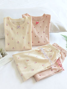 Childrens Summer Thin Knitted Pure Cotton Nightgown 7-Sleeve 7-Pant Sleepwear Fresh Home Clothes Air Conditioner Suit