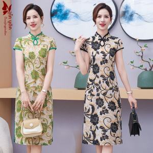 New Chinese Style Womens Modified Cheongsam Print Waist-Cinching Dress Short Sleeve Mid-Length Chopin Long Skirt