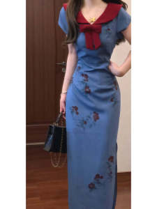 Đầm dài CHANGTONG chữ A in hoa xanh kiểu Trung Hoa mềm mại dáng ôm phong cách mùa hè 2025