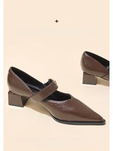 รองเท้าส้นสูงหัวแหลมสีน้ำตาลสไตล์ย้อนยุคสำหรับผู้หญิง รองเท้าส้นเดี่ยวแบบสวมหัวแหลม รองเท้าส้นหนา ฤดูใบไม้ร่วง/ฤดูหนาว รองเท้าส้นเดี่ยว