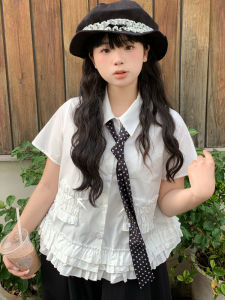 Sweet Style Short Sleeve Shirt Doll Collar Hem Ruffle Chinese Brand Womens Loose Fit Cotton Polyester Blend Summer Shirt