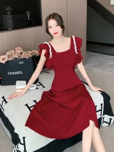Red Bride Toasting Little Dress Womens Autumn Daily Style Flying Sleeve Dress Pearl Square Collar Sleeveless Midi Dress