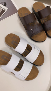 YOTO Leather Sandals For Men Double Velcro Straps Soft Sole Slip-On For Outdoor Casual Slippers