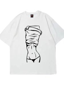 Mùa Xuân Năm 2024 Mới Thời Trang Nam Sáng Tạo Phong Cách Mỹ In Hình Nặng Áo Thun Nữ Tay Ngắn In Hình Dành Cho Các Cặp Đôi Đa Năng Ins