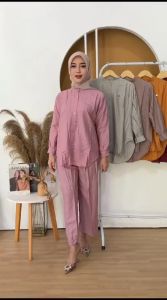 Clara Baju Setelan One Set Wanita Kekinian Polo Linen