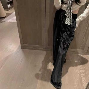 กางเกงขายาวทรงหลวมเอวสูงสไตล์คริสตัลสำหรับผู้หญิง กางเกงขายาวทรงตรงสำหรับฤดูใบไม้ร่วง กางเกงขายาวทรงหลวมสำหรับผู้หญิง