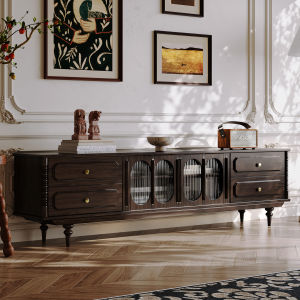 Luxurious American Style Cherry Wood TV Cabinet Black Walnut Color Living Room Furniture Combination with Tea Table