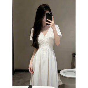 Ge·an·fei | French Style White V-Neck Slimming Short-Sleeve Dress