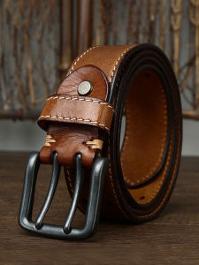 Double Stitched Leather Belt Mens Vintage Handmade Cowhide Jeans Belt No Drilling Wide Belt for All Ages Fashionable Buckle