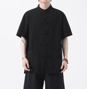 Mens Linen Cotton Shirt Five-Quarter Sleeve Stand Collar Retro Chinese Tang Costume Style Summer Casual Top Youth Pure Color