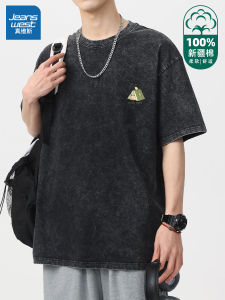 Jeanswest Pure Cotton Short Sleeve T-Shirt Mens Style 2024 Summer New Trendy Casual Loose Vintage Versatile Body Shirt