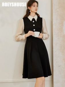 Đầm dự tiệc cổ sơ mi công sở tay dài màu đen xoè