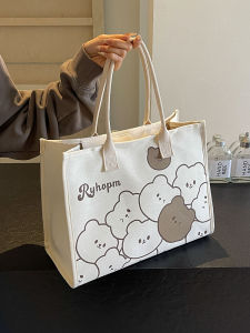 Large Capacity Bear Canvas Tote Bag Womens Handbag Fashionable 2025 New Style Student Computer Bag Soft Polyester Lining