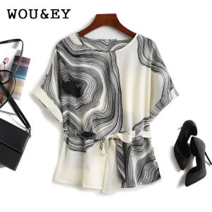 เสื้อยืดพิมพ์ลายชีฟองแขนสั้นขนาดพลัสไซส์ผูกเอว สำหรับผู้หญิง WOU & EY