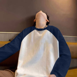 Heavyweight Pure Cotton Long Sleeve T-Shirt Mens Spring Autumn New American Casual Trendy Shoulder Insert Color Block Sweatshirt