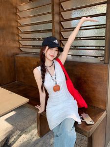 French V-neck Sleeveless Floral Dress Blue Womens Summer Slimming A-line Mini Skirt Commute Style Waist-cinched Korean Version