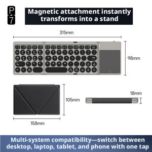 P+7 Three Foldable Bluetooth Keyboard With Case Support Multisystem Multidevice Silent Keys Touchpad Included Keyboard