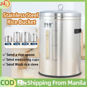 <IN STOCK>304 Stainless Steel Rice Bucket Storage 25kg Large Capacity Rice Dispenser 25kilos Sale Moisture-Proof Rice Container With Lid For Kitchen Food Containers Storage