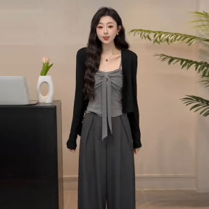 Áo Len Cardigan Dệt Kim Dài Tay Màu Đen Cho Nữ Áo Lót Dây Màu Xám Áo Khoác Ngoài Hai Mảnh Áo Ngắn Áo Chui Đầu Cổ Tròn