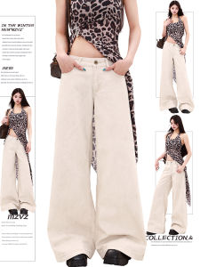 MZVZ | American Retro Light Almond Color Utility Loose Straight Leg Trousers Long Pants