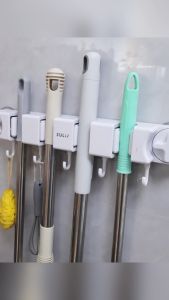 Broom Mop Holder with Hooks Wall Mounted Broom Storage Rack No Drilling Self-Adhesive Mop Broom Organizer Mop Holder Hanger for Bathroom Office Kitchen Closet Garage