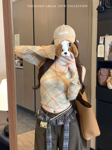 Slim Fit Long Sleeve U Neck T Shirt Womens Autumn New Style High Waist Base Shirt Inner Wear Small Top Color Block Plaid Casual Wear