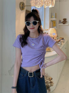 Áo Thun Tay Ngắn Màu Tím Hoa Cúc Nhỏ Cho Nữ Quần Áo Công Sở Mùa Hè Áo Thun Cotton Ôm Vừa Vặn Dây Rút Cạp Cao Hở Bụng