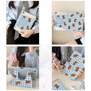 เคสiPadหมุน 360° Gen10 Gen11 Air7 ที่ใส่ปากกา หมีลายตาราง case iPad Gen9 Air6 Air5 10.9