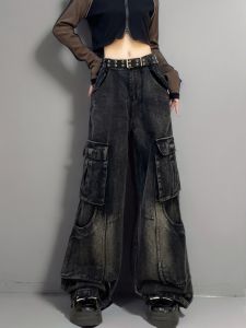กางเกงยีนส์ทรงหลวมเอวสูงสไตล์อเมริกันสำหรับผู้หญิง กางเกงขายาวทรงตรงสีดำ กางเกงขายาวทรงขากว้างสไตล์ย้อนยุค สไตล์สตรีทไฮสตรีท