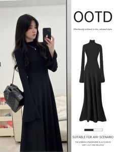 SUHUIQIAN | Black High Collar Slim Fitting Long Dress for Autumn Winter