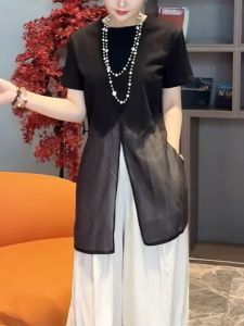 Shalldoer | เสื้อยืดแขนสั้นผ้าตาข่ายบางสไตล์ใหม่ฤดูร้อน 2025 สำหรับผู้หญิง เสื้อแขนกุดทรงหลวม ปกคอกลม สีพื้น ผ้าผสมอื่นๆ 100%