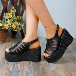 New Thick-soled Wedge Hollow Roman Sandals Womens Foreign Trade Vintage Fish-mouth Flat-bottom Plus-size Sandals
