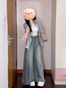 Retro American Tassel High Waist Wide Leg Denim Skirt Women Summer Loose Slimming Drapey Straight Leg Pants Jeans Skirt