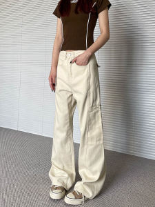 Apocket American Retro Light สีเบจ Micro Flared Work กางเกง Women Clean Fit High Street หลวม พรางหุ่น กางเกงขายาว ลำลอง ผ้าฝ้าย