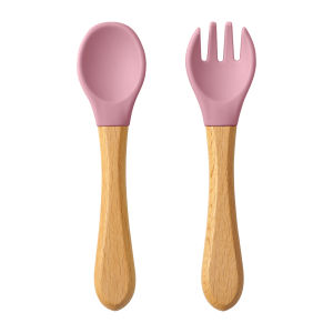 2PCS/Set Silicone Baby Spoon Fork Feeding Training Cutlery Wooden Handle Baby Utensils Children Care Tools Baby Tableware