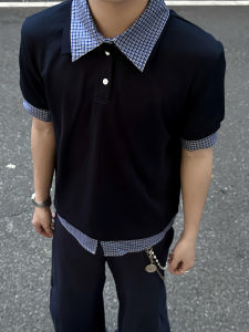 Áo Thun Polo Nam Mùa Hè Màu Xanh Lam Giả Hai Mảnh Tay Ngắn Phong Cách Mỹ Cổ Polo Đan Xen Chất Lượng Cao