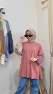 Mix Color NonBusui Kaos Oversized Wanita Model Terbaru Tiga Warna Lengan Balon Atasan Jumbo by Ziggy