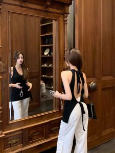 Pure Desire Backless V-Neck Roped Strap Vest Women Summer Design Sensual Black Slim Fit Base Shirt Outerwear