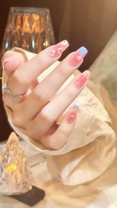 Kuku panjang berlian imitasi berbentuk hati berlian tiga dimensi gradien telanjang fake nail kuku palsu + lem nail art