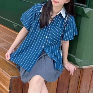 SJM KEMEJA KASUAL WANITA FASHIONABLE SALUR BIRU LENGAN BALON PENDEK SATU SAKU 92