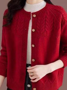 Womens Short Loose Knitted Woolen Cardigan round Neck Open Front Sweater Autumn Top Fashion Commute Style Korean Loose Fit