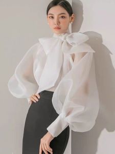 Korean Style Butterfly Knot Bubble Sleeve Shirt Womens New Fashion Chiffon See-through Top Long Sleeve Stand Collar Pure Color